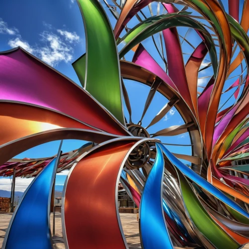steel sculpture,colorful spiral,kinetic art,public art,sculpture park,pinwheels,colorful glass,colorful tree of life,garden sculpture,glass yard ornament,vivid sydney,torus,abstract multicolor,spiralling,united propeller,ships wheel,bicycle wheel,spiral stairs,pinwheel,color fan,Photography,General,Realistic