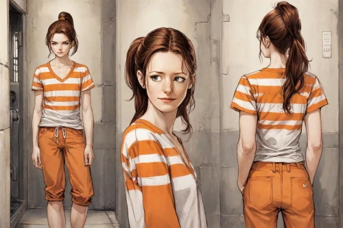 prisoner,prison,isolated t-shirt,arbitrary confinement,orange,girl in t-shirt,women clothes,detention,depressed woman,captivity,photoshop manipulation,women's clothing,uniforms,girl in a long,in custody,photo manipulation,clary,murcott orange,lori,woman thinking,Digital Art,Comic