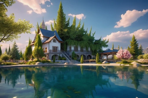 pool house,house with lake,summer cottage,house by the water,house in the forest,villa,3d rendering,home landscape,beautiful home,holiday villa,underwater oasis,3d render,aqua studio,cottage,render,3d rendered,landscape background,idyllic,fairy tale castle,popeye village,Photography,General,Realistic