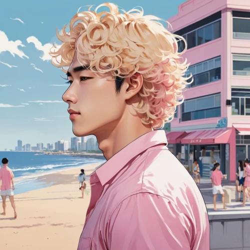 cotton candy,pink beach,man in pink,soft pastel,seaside,sea breeze,beach background,boardwalk,sea beach-marigold,busan sea,busan,the beach pearl,adonis,fluttering hair,takato cherry blossoms,candy boy,pastel colors,summer sky,color pink white,sea ocean,Illustration,Japanese style,Japanese Style 06
