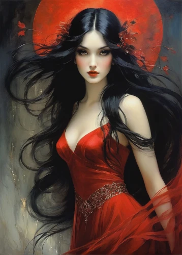 lady in red,vampire woman,vampire lady,gothic woman,queen of hearts,fantasy art,oriental princess,red rose,red riding hood,gothic portrait,red gown,geisha girl,mystical portrait of a girl,the enchantress,man in red dress,red roses,shades of red,fantasy woman,rouge,sorceress,Illustration,Realistic Fantasy,Realistic Fantasy 16