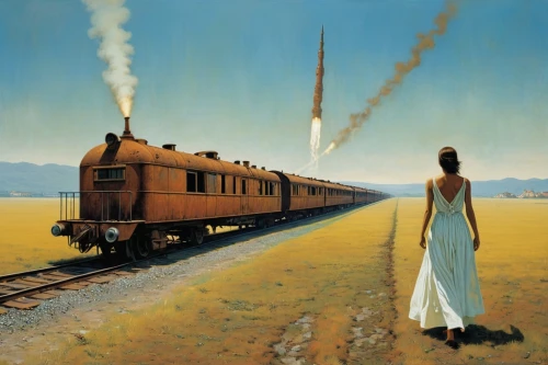 long-distance train,train of thought,queensland rail,long-distance transport,the train,train route,train,the girl at the station,early train,bullet train,passenger train,railroad,last train,traveller,galaxy express,locomotive,steam train,locomotion,amtrak,railway,Conceptual Art,Oil color,Oil Color 15