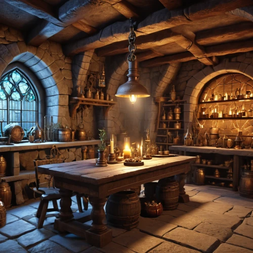 apothecary,candlemaker,potions,tavern,wine cellar,tinsmith,victorian kitchen,collected game assets,alchemy,medieval architecture,distillation,medieval,brandy shop,tile kitchen,blacksmith,wooden beams,kitchen interior,fireplaces,potion,wine tavern,Photography,General,Realistic