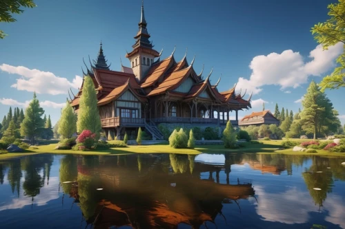 fairy tale castle,house with lake,fairytale castle,house in the forest,moated castle,wooden house,house by the water,water castle,wooden church,traditional house,summer cottage,beautiful home,villa,knight village,3d fantasy,wooden houses,boathouse,witch's house,crown render,little house,Photography,General,Realistic