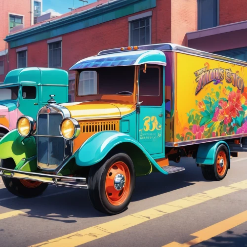 delivery truck,cartoon car,delivery trucks,flower car,ford cargo,retro vehicle,easter truck,vintage vehicle,kei truck,day of the dead truck,food truck,mail truck,truck,moottero vehicle,rust truck,school bus,ice cream van,fruit car,delivering,datsun truck,Illustration,Japanese style,Japanese Style 03