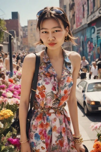 girl in flowers,beautiful girl with flowers,floral dress,vintage asian,asian girl,floral,asian woman,floral skirt,korean,joy,fashionable girl,oriental girl,harajuku,hong,bjork,hanbok,asia,japanese woman,retro girl,vintage floral,Photography,Cinematic