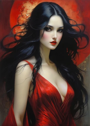 vampire woman,vampire lady,lady in red,gothic woman,fantasy art,gothic portrait,black rose hip,queen of hearts,fantasy woman,man in red dress,mystical portrait of a girl,fantasy portrait,red gown,sorceress,lady of the night,fire red eyes,red rose,the enchantress,scarlet witch,rouge,Illustration,Realistic Fantasy,Realistic Fantasy 16