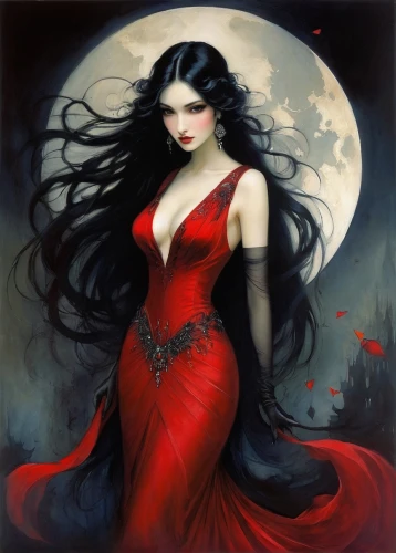 vampire woman,vampire lady,gothic woman,queen of hearts,lady in red,gothic portrait,red riding hood,black rose hip,blood moon,lady of the night,blue moon rose,queen of the night,dark gothic mood,moon phase,fantasy art,goth woman,moonlit,sorceress,gothic fashion,vampira,Illustration,Realistic Fantasy,Realistic Fantasy 16