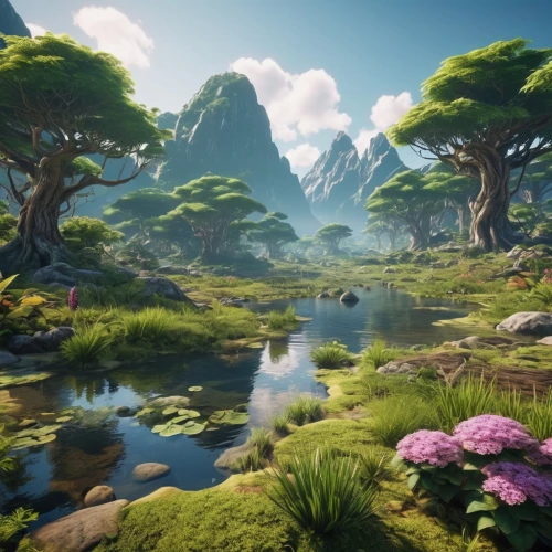 elven forest,druid grove,mushroom landscape,fantasy landscape,fairy forest,an island far away landscape,forest glade,salt meadow landscape,virtual landscape,oasis,green valley,fairy world,northrend,mushroom island,forest landscape,floating islands,fairy village,fractal environment,beauty scene,the forests,Photography,General,Realistic