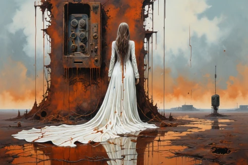 dead bride,burning man,sidonia,sci fiction illustration,spire,grandfather clock,pillar of fire,mystery book cover,desolation,door to hell,priestess,bell jar,ghost castle,ruin,corrosion,purifier,fairy chimney,diving bell,the white torch,decay,Conceptual Art,Graffiti Art,Graffiti Art 08