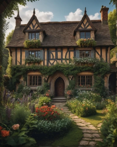 cottage garden,witch's house,hobbiton,dandelion hall,victorian house,fairy tale castle,victorian,beautiful home,knight house,victorian style,english garden,a fairy tale,country cottage,ancient house,country house,fairytale,fairy tale,tudor,elizabethan manor house,summer cottage,Photography,General,Fantasy