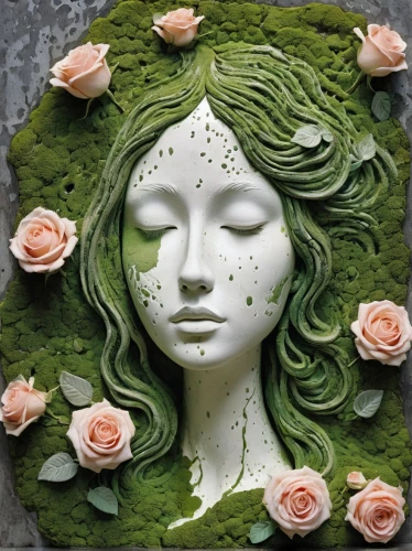 cassata,stone carving,cake decorating,sugar paste,mother earth statue,a cake,garden decoration,garden decor,green wreath,water lily plate,natural cosmetics,medusa,flora,garden sculpture,mother earth,gaia,stone sculpture,torte,flower art,rusalka,Illustration,Black and White,Black and White 07