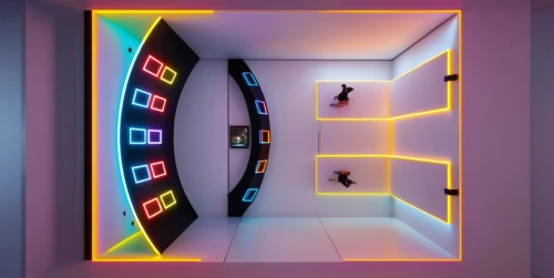 ufo interior,futuristic art museum,art gallery,neon sign,color wall,panoramical,cube house,neon human resources,a museum exhibit,gymnastics room,neon arrows,computer room,gallery,game room,wall,interior design,jukebox,children's room,modern decor,children's interior,Photography,General,Sci-Fi