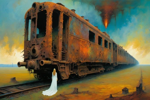 ghost locomotive,ghost train,train crash,last train,locomotive,boxcar,train car,corrosion,train of thought,the train,train cemetery,train wreck,long-distance train,through-freight train,abandoned rusted locomotive,train,train shocks,railroad car,steam locomotives,city in flames,Conceptual Art,Oil color,Oil Color 20