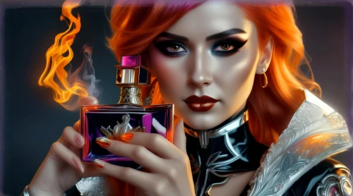 perfumes,fantasy portrait,parfum,cigarette girl,bottle fiery,creating perfume,smoking girl,poison bottle,sorceress,conjure up,fire artist,cosmetics,painted lady,fire eater,potion,poison,fire-eater,oil cosmetic,femme fatale,potions