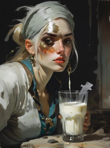 milkmaid,woman with ice-cream,girl with cereal bowl,glass of milk,girl with bread-and-butter,woman drinking coffee,iced latte,woman at cafe,girl in the kitchen,fantasy portrait,white sip,white lady,milk shake,mystical portrait of a girl,merchant,drinking milk,woman holding pie,drops of milk,girl portrait,lassi,Conceptual Art,Oil color,Oil Color 01