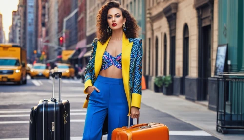 travel woman,fashion street,yellow jumpsuit,globe trotter,luggage and bags,women fashion,flight attendant,yellow purse,woman in menswear,new york streets,leather suitcase,newyork,travel bag,luggage,suitcase,street fashion,colorful city,woman walking,luggage set,runways,Photography,General,Realistic