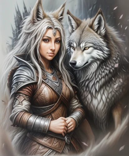 two wolves,female warrior,fantasy art,wolf couple,gray wolf,warrior woman,fantasy portrait,fantasy picture,wolves,heroic fantasy,protectors,fairy tale icons,howling wolf,european wolf,nebelung,wolf,wolf hunting,carpathian shepherd dog,silver,portrait background