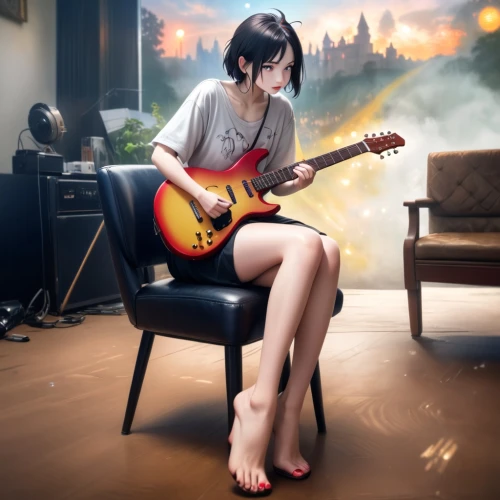guitar,playing the guitar,woman playing,electric guitar,telecaster,guitar player,concert guitar,world digital painting,painted guitar,girl sitting,digital compositing,guitarist,rock band,music background,playing room,azusa nakano k-on,epiphone,the guitar,music,musician,Anime,Anime,Cartoon