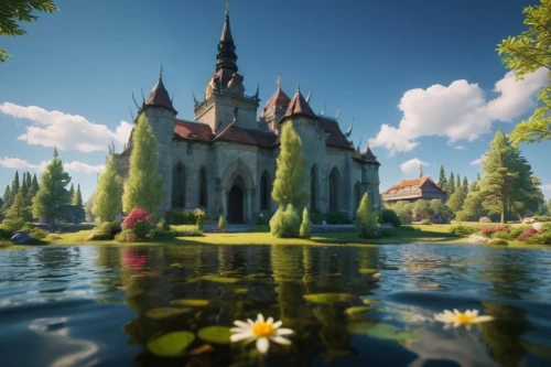 fairy tale castle,fairytale castle,moated castle,water castle,lily pond,lilly pond,3d fantasy,fairy tale castle sigmaringen,bethlen castle,city moat,moat,fantasy landscape,knight's castle,medieval castle,sunken church,lotus pond,virtual landscape,idyll,pond,idyllic