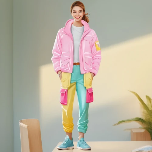 pastel colors,high-visibility clothing,fashion vector,pastels,80's design,windbreaker,polar fleece,80s,product photos,sportswear,rain suit,the style of the 80-ies,trend color,neon colors,jacket,neon candies,clover jackets,man in pink,colorful bleter,two color combination,Illustration,Japanese style,Japanese Style 19