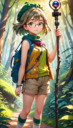 adventurer,fae,mountain guide,trekking pole,forest clover,hiker,studio ghibli,explorer,park ranger,wander,biologist,cg artwork,link,ashitaba,child fairy,world digital painting,traveler,kids illustration,magical adventure,children's background,Anime,Anime,Cartoon