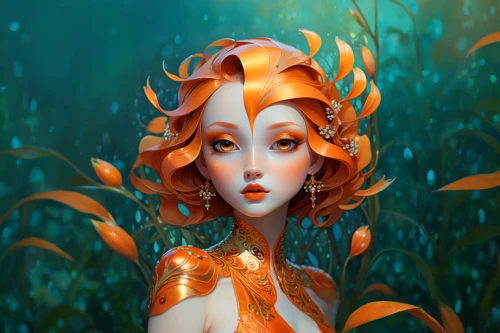 nami,mermaid vectors,underwater background,siren,mermaid background,orange lily,merfolk,the sea maid,kelp,mermaid,underwater,orange blossom,water nymph,water pearls,submerged,nautilus,fantasy portrait,under the sea,fire pearl,under sea