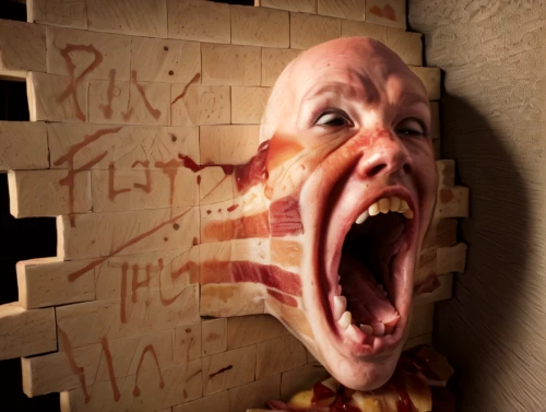 head cheese,it,butcher ax,brickwall,cutting board,cuttingboard,horror clown,wooden mask,butchery,cannibals,wooden wall,chopping board,meat carving,bricklayer,knife head,anechoic,butcher shop,bacon egg cup,bacon,meat grinder