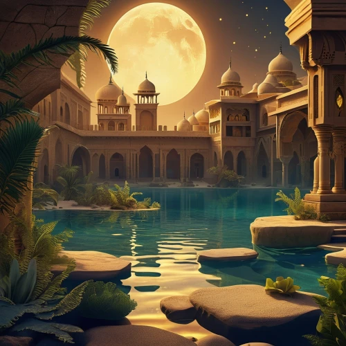 ramadan background,arabic background,fantasy landscape,ancient city,mosques,dusk background,water palace,aladha,grand mosque,rem in arabian nights,fantasy picture,moon valley,riad,world digital painting,egyptian temple,moonlit night,fantasy world,monkey island,moonlit,big mosque,Photography,General,Realistic