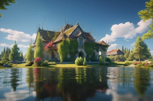 3d fantasy,house with lake,fairy tale castle,fairy village,fairytale castle,fantasy landscape,house in the forest,home landscape,beautiful home,water castle,house by the water,little house,idyllic,fantasy world,fairy world,a fairy tale,fairy tale,floating island,knight village,hobbiton