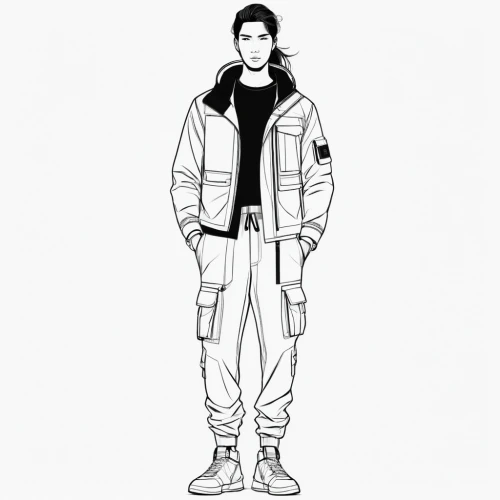 tracksuit,fashion vector,cargo pants,dry suit,coveralls,windbreaker,outerwear,line-art,spacesuit,martial arts uniform,vector illustration,jacket,star-lord peter jason quill,sportswear,vector image,outer,high-visibility clothing,sweatpant,male poses for drawing,rain suit,Illustration,Black and White,Black and White 04