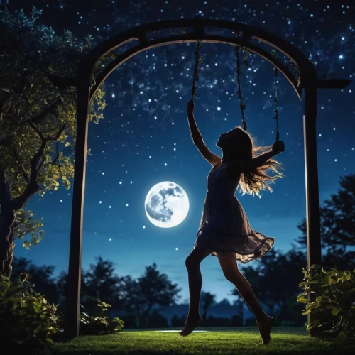 the night of kupala,moonlit night,moon and star background,hanging moon,fairies aloft,garden swing,moon night,moonlit,stars and moon,the moon and the stars,moonlight,constellation lyre,the girl in nightie,moon walk,moonbeam,celestial body,moon and star,dreams catcher,empty swing,night image,Photography,General,Realistic