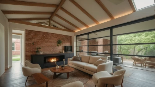 sand-lime brick,brick house,fire place,loft,contemporary decor,fireplaces,fireplace,mid century modern,mid century house,family room,interior modern design,luxury home interior,home interior,red brick,hardwood floors,modern decor,modern living room,brickwork,wooden beams,frame house,Photography,General,Cinematic