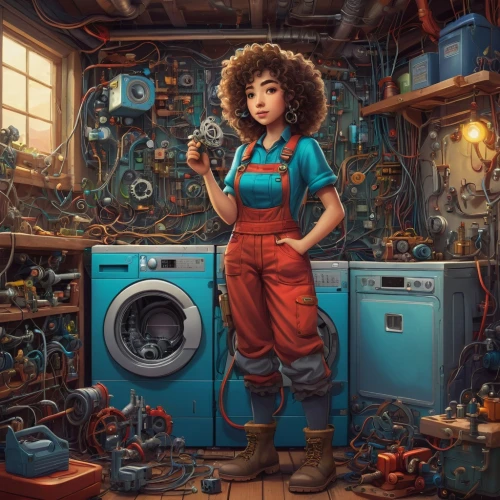 girl in the kitchen,mechanic,sci fiction illustration,laundry room,washer,repairman,plumber,world digital painting,washing machine,plumbing,washing machines,kids illustration,seamstress,girl in overalls,housework,washers,washing clothes,autumn chores,shopkeeper,maintenance,Conceptual Art,Daily,Daily 02