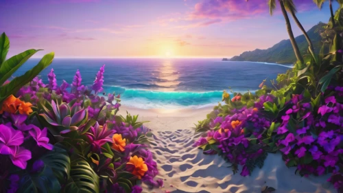 tropical floral background,purple landscape,beach landscape,dream beach,beautiful beach,landscape background,tropical beach,mountain beach,beach scenery,beautiful beaches,paradise beach,sunrise beach,background colorful,summer background,ocean paradise,tropical sea,coastal landscape,tropical bloom,sea of flowers,colorful background,Photography,General,Natural