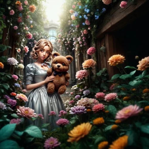 girl in flowers,girl in a wreath,girl picking flowers,girl in the garden,the little girl's room,girl with dog,flower girl,alice in wonderland,beautiful girl with flowers,wonderland,cavapoo,vintage flowers,children's fairy tale,fantasy picture,flower garden,alice,children's background,photo manipulation,vintage children,photomanipulation