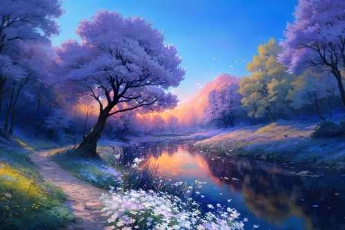 purple landscape,lilac tree,fantasy landscape,meadow in pastel,springtime background,landscape background,the cherry blossoms,lilac blossom,cherry blossoms,cherry blossom tree,sakura trees,spring blossom,spring blossoms,fantasy picture,spring background,cherry trees,cold cherry blossoms,nature landscape,fairy forest,beautiful landscape