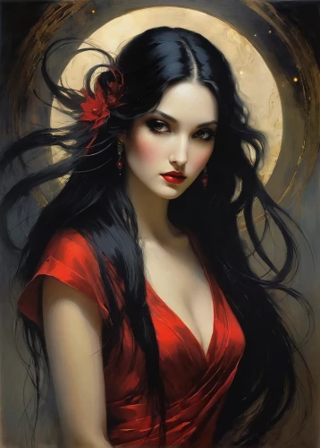 vampire lady,vampire woman,lady in red,fantasy portrait,queen of hearts,fantasy art,geisha girl,mystical portrait of a girl,lady of the night,gothic woman,gothic portrait,oriental princess,black rose hip,sorceress,geisha,man in red dress,scarlet witch,moonflower,faery,red rose,Illustration,Realistic Fantasy,Realistic Fantasy 16