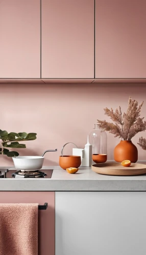 gold-pink earthy colors,copper cookware,ceramic hob,tile kitchen,kitchenware,kitchen design,kitchen counter,peach color,modern minimalist kitchen,scandinavian style,rose gold,kitchen interior,vintage kitchen,modern kitchen,dusky pink,countertop,almond tiles,modern kitchen interior,cookware and bakeware,plate shelf,Photography,General,Realistic