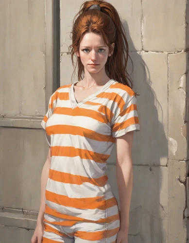 girl in t-shirt,lilian gish - female,girl with cloth,girl in cloth,portrait of a girl,redheads,dwarf sundheim,girl on the stairs,orange,girl studying,horizontal stripes,a girl in a dress,clementine,young woman,pregnant girl,the girl's face,the girl in nightie,prisoner,girl portrait,girl in a long,Digital Art,Comic