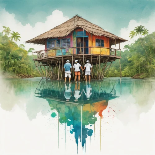 tropical house,stilt house,stilt houses,over water bungalows,floating huts,calyx-doctor fish white,house painting,over water bungalow,south pacific,cd cover,water colors,tropics,resort,flying island,lagoon,tropical island,kohphangan,java island,island residents,islands,Illustration,Paper based,Paper Based 07