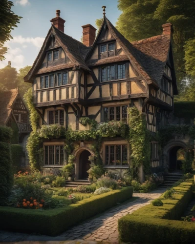 elizabethan manor house,witch's house,medieval architecture,knight village,half-timbered house,half timbered,tudor,half-timbered,england,crooked house,dandelion hall,knight house,fairy tale castle,timber framed building,house in the forest,country house,manor,beautiful home,hobbiton,ancient house,Photography,General,Fantasy