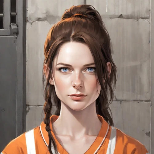 clementine,girl portrait,orange,orange robes,vector girl,rust-orange,portrait of a girl,portrait background,orange color,princess leia,digital painting,prisoner,katniss,orange eyes,female nurse,game illustration,croft,young woman,cinnamon girl,bright orange,Digital Art,Comic