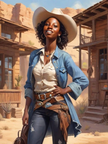 wild west,maria bayo,cowgirl,western,western riding,american frontier,woman holding gun,african american woman,cowgirls,wild west hotel,tiana,rosa ' amber cover,sheriff,western pleasure,desert background,woman of straw,girl with gun,country-western dance,cg artwork,afro-american,Digital Art,Impressionism