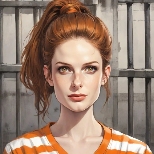 prisoner,girl portrait,david bates,portrait of a girl,orange robes,woman portrait,young woman,orange,mary jane,portrait background,digital painting,artist portrait,woman face,bouffant,prison,redheads,fantasy portrait,portrait,sci fiction illustration,girl in t-shirt,Digital Art,Comic