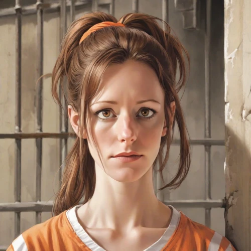 lindsey stirling,prisoner,sigourney weave,portrait of a girl,clementine,british actress,orange,orange robes,detention,girl portrait,nora,mary jane,eleven,television character,maci,female doctor,lori,woman portrait,prison,portrait of a woman,Digital Art,Comic