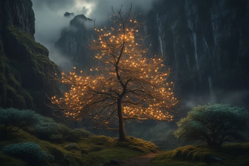 isolated tree,magic tree,lone tree,celtic tree,forest tree,flourishing tree,tree torch,elven forest,fantasy landscape,burning tree trunk,tangerine tree,fantasy picture,a tree,tree of life,larch tree,autumn tree,small tree,strange tree,bare tree,burnt tree,Photography,General,Fantasy