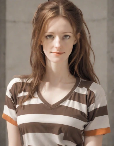 girl in t-shirt,redhead doll,realdoll,teen,horizontal stripes,portrait of a girl,clove,female model,young woman,polo shirt,in a shirt,tee,cotton top,model,pretty young woman,stripes,doll's facial features,striped background,lilian gish - female,the girl's face