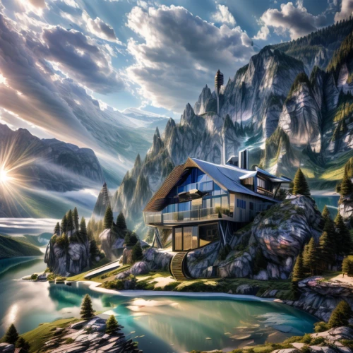house in mountains,world digital painting,fantasy landscape,mountain settlement,house in the mountains,alpine village,fantasy picture,mountain huts,the cabin in the mountains,landscape background,home landscape,mountain hut,mountain village,fantasy art,house with lake,fisherman's house,mountain scene,mountain landscape,alpine hut,mountainous landscape