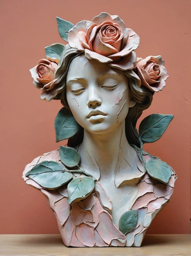 porcelain rose,paper art,terracotta flower pot,woman sculpture,wooden flower pot,decorative figure,sculptor ed elliott,bronze sculpture,paper roses,sculpt,girl in a wreath,scrap sculpture,garden sculpture,decorative art,flora,paper rose,rose woodruff,allies sculpture,wood carving,flower art,Conceptual Art,Oil color,Oil Color 18